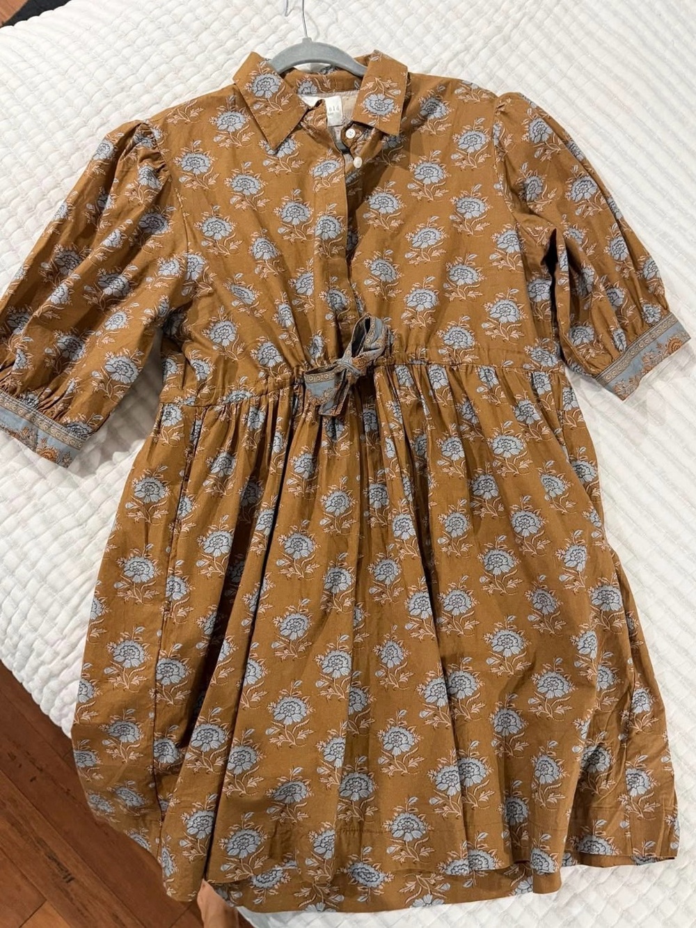 Victoria Dunn Mustard Floral Button-Front Tie-Waist Dress